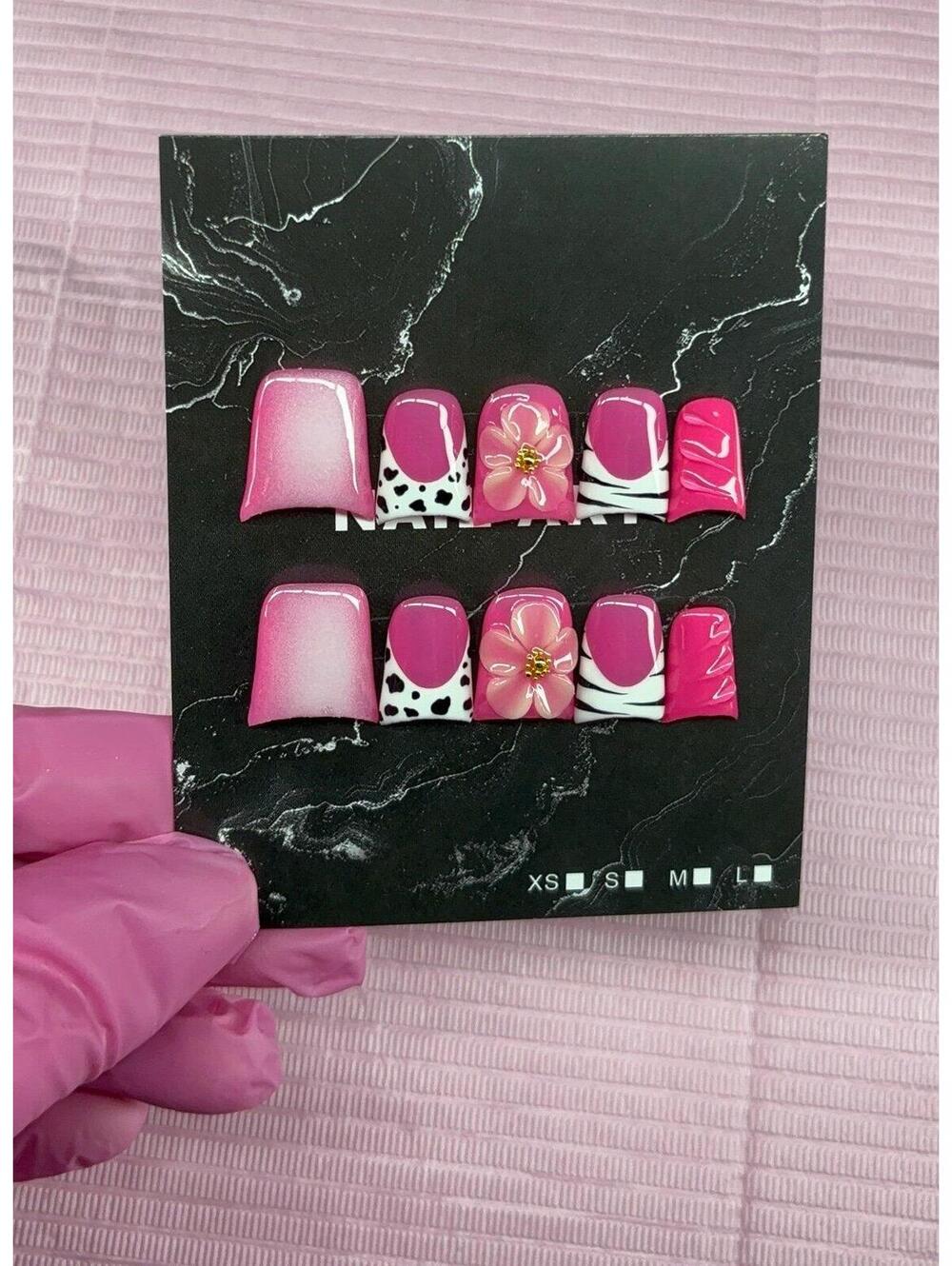 Short duck Press on nails pink animal print aura white black